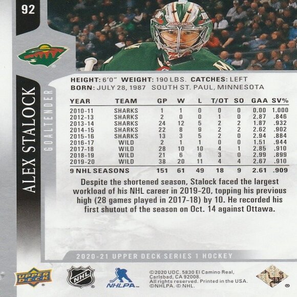 Alex Stalock - 2020/2021 Upper Deck Series 1 Hockey Card - Picture 2 of 2
